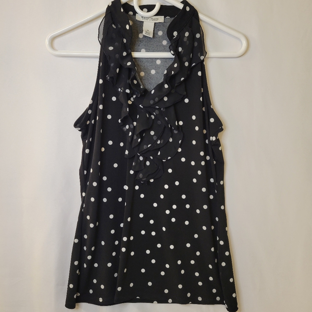 White House Black Market Ruffled Sleeveless Blouse Black and White